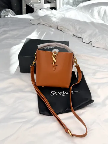 Saint Laurent LE 37 Small Bucket Bag in Caramel Calfskin with Gold Cassandre Hardware
