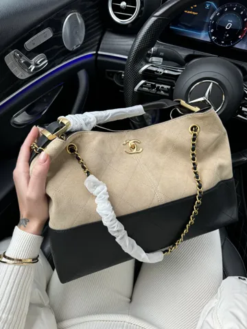 Chanel Hobo Shopping Tote Bag in Beige Suede and Black Quilted Calfskin