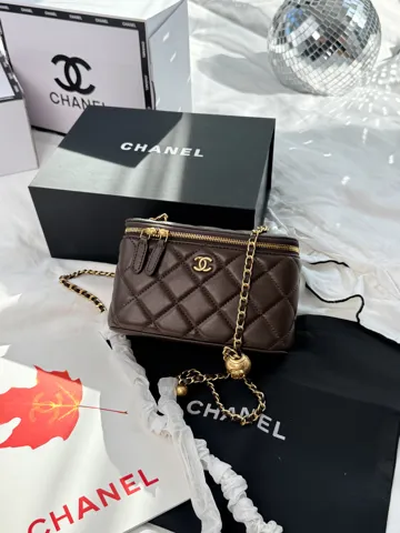 Chanel Mini Vanity Case in Brown Lambskin Gold-Tone Hardware and Ball Charm Chain