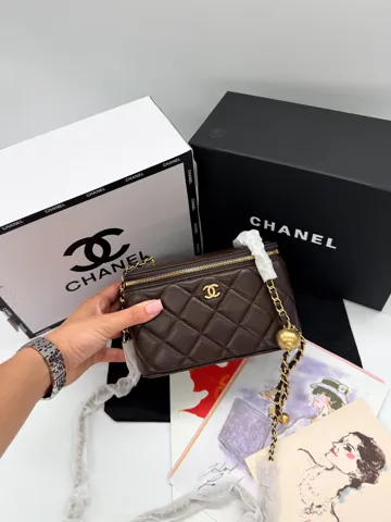 Chanel Mini Vanity Case in Brown Lambskin Gold-Tone Hardware and Ball Charm Chain