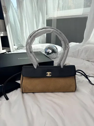 Chanel Top Handle Flap Bag Beige/ Black