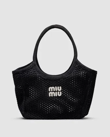 Miu Miu Raffia And Linen Tote Bag Black