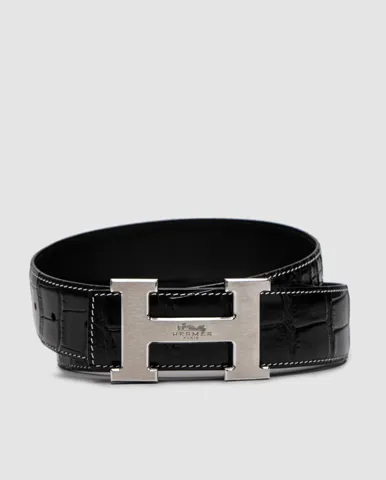 Hermes Constance Belt in Porosus crocodile Black/Silver