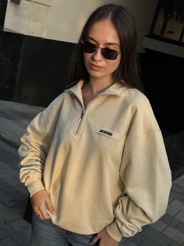 Jacquemus High Collar Half-Zip Grosgrain Sweatshirt Beige