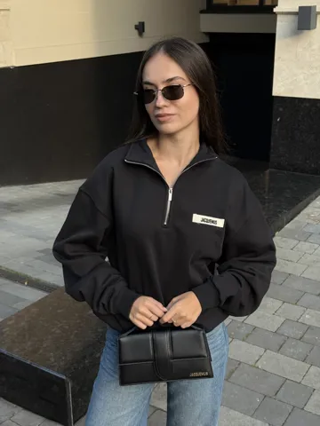 Jacquemus High Collar Half-Zip Grosgrain Sweatshirt Black