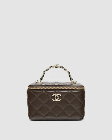 Chanel Classic Brown Lambskin Pearl Crush Vanity Bag Gold