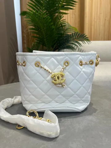 Chanel Button Bucket Crossbody Bag Lambskin White