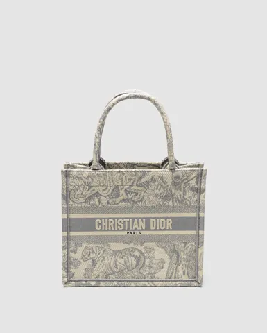 Dior Small Book Tote Ecru and Gray Toile de Jouy Embroidery