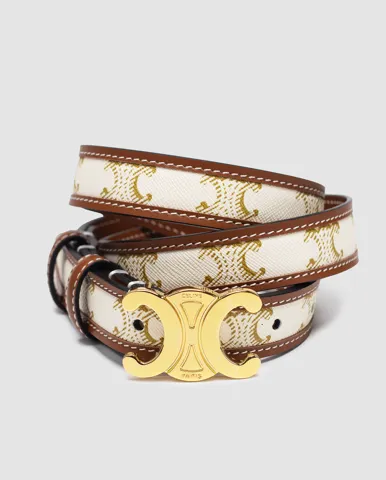 Celine Medium Triomphe Belt In Triomphe Canvas And Calfskin White
