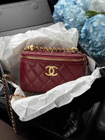 Chanel Classic Red Lambskin Pearl Crush Vanity Bag Gold