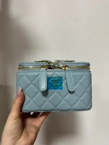 Chanel Classic Blue Lambskin Pearl Crush Vanity Bag Gold