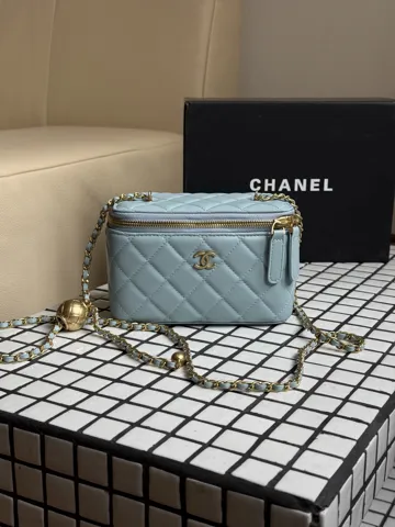 Chanel Classic Blue Lambskin Pearl Crush Vanity Bag Gold