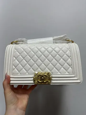 Chanel Medium Boy White/Gold Caviar RHW